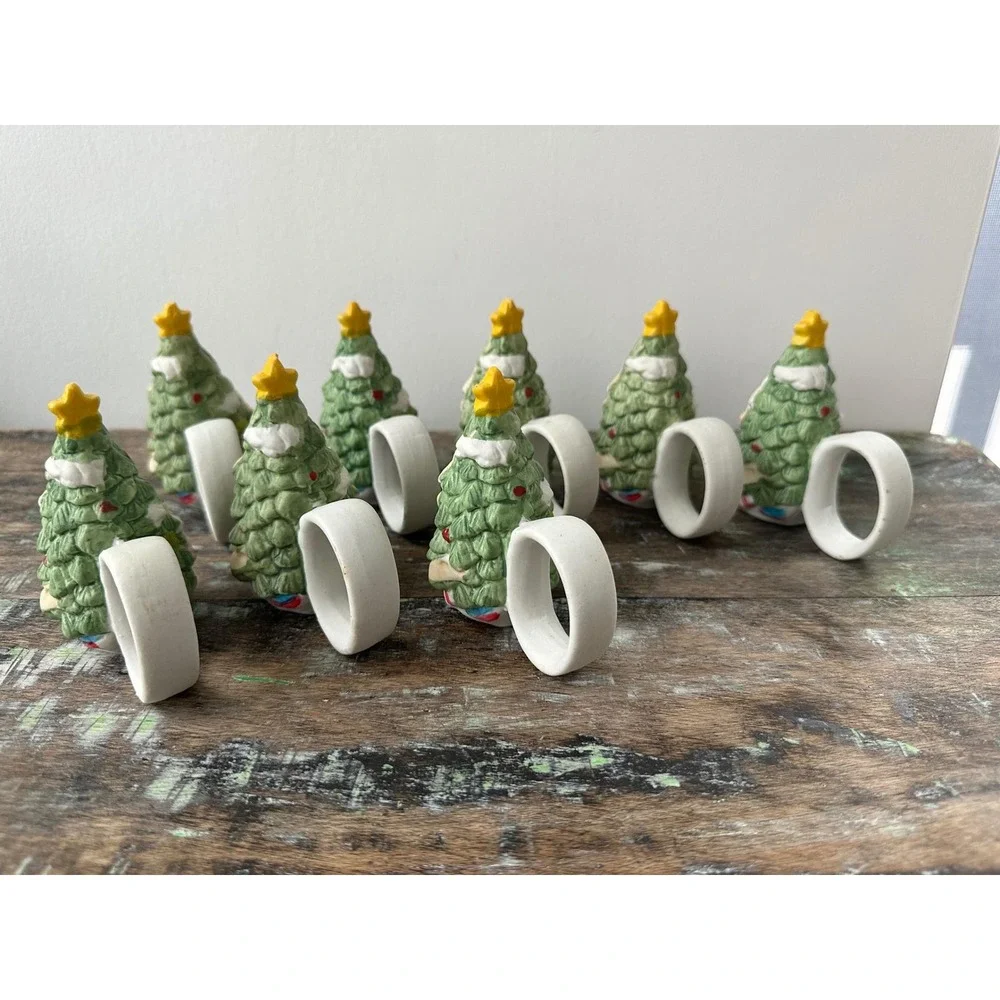 Vintage Set‎ of 8 Ceramic Christmas Tree Napkin Rings Holiday Table Decor